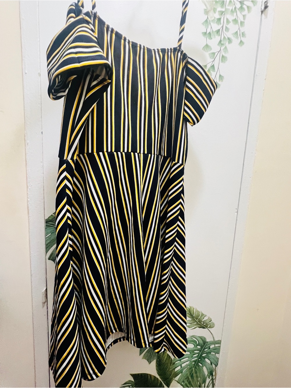 Fashion To Figure Blue and Yellow Striped Cold-Shoulder Women's Dress